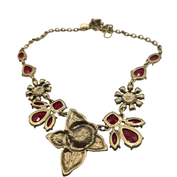 Floral Necklace The Delta Box Statement Red Purple Rhinestone Gold Tone Bib - Picture 8 of 9